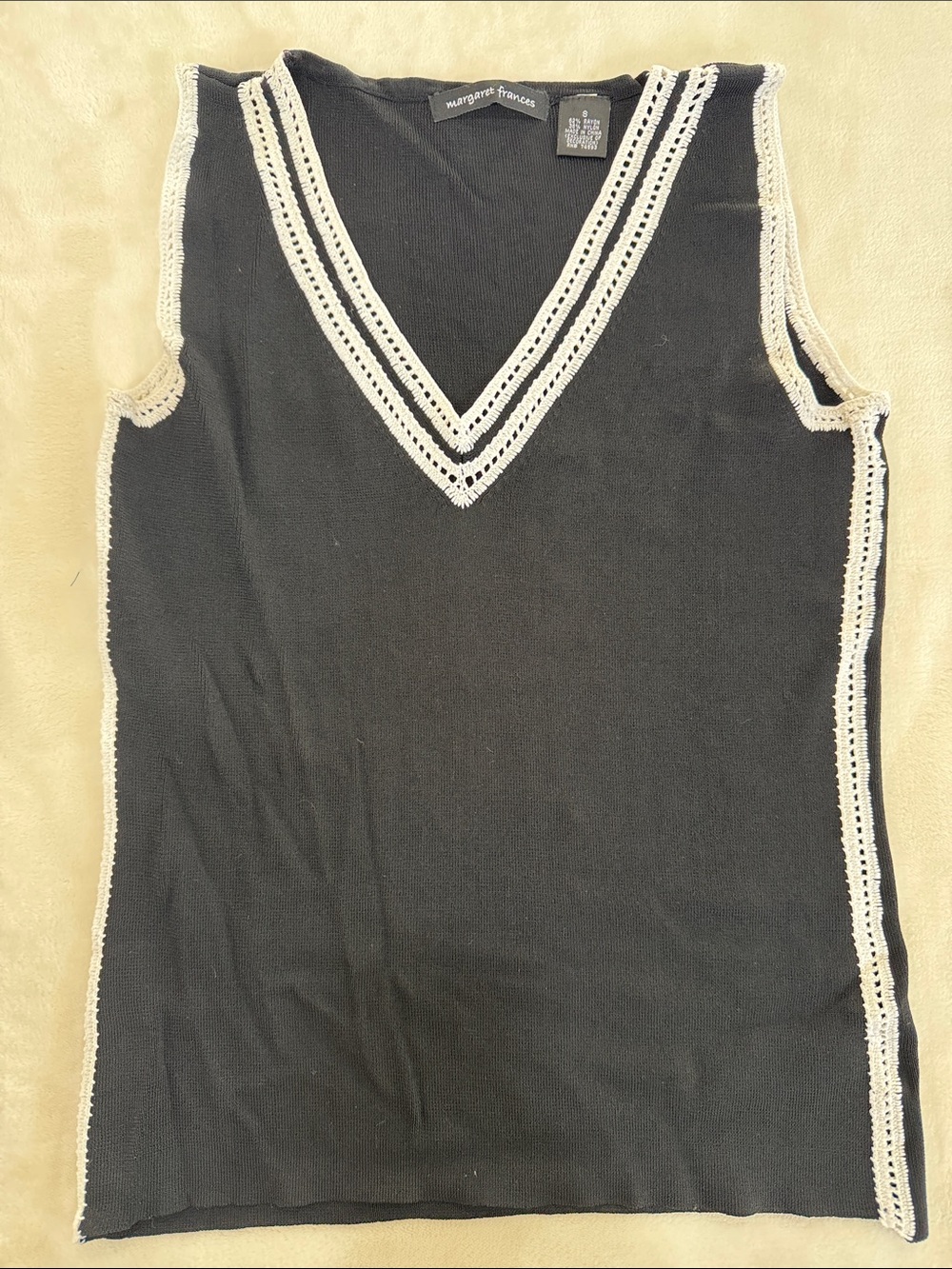 Margaret Frances Black Knit V-Neck Tank with White Trim
